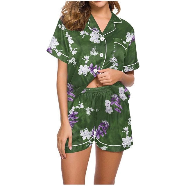 Rbaofujie Vêtements de Nuit pour Femmes Femmes Décontracté Imprimé Col Rabattu Blouse à Manches Courtes Mode Short Pyjama Ensemble Vêtements de Nuit pour Filles