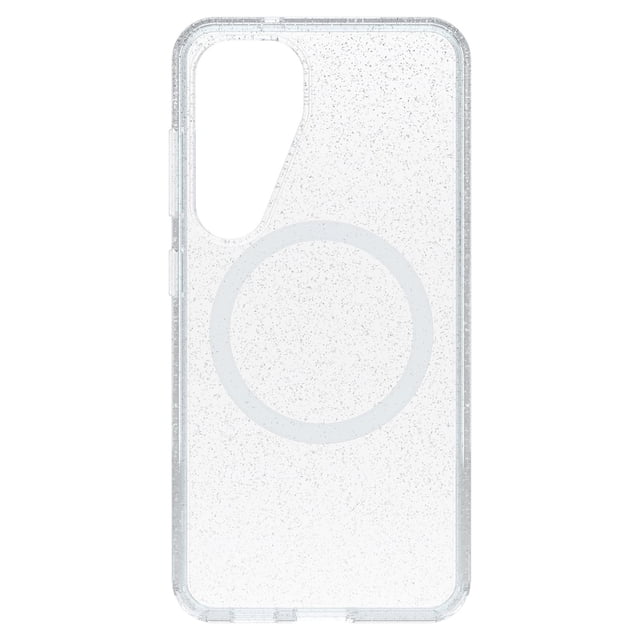 OtterBox Symmetry Clear Étui à Aimants Stardust avec Teinte Bleue pour Samsung Galaxy S25 Montré à l'Arrière avec un design Mince et transparent Mettant en Vedette une Teinte Bleue et un Motif Stardust Moucheté. Il a une Bague Magnétique Circulaire pour une Recharge Rapide Sans Fil jusqu'à 15 W Qi2, des Coins Renforcés, des Bords Surélevés Autour de l'Appareil Photo et de l'Écran, des Boutons Tactiles et des Ancres Intégrées pour des Courroies Ou des Breloques, Idéal pour