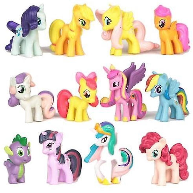 My Little Pony Figures - 12 Christmas gifts featuring a collection of 12 miniature ponies, including Twilight Sparkle, Pinkie Pie, Applejack, Rainbow Dash, Rarity, and Fluttershy. Each figure is 4-5 cm tall and showcases their classic look from the TV series. The set is suitable for children aged 3 and above, with small parts not recommended for children under 3. The figures are displayed in vibrant colors and delivered in plastic packaging.