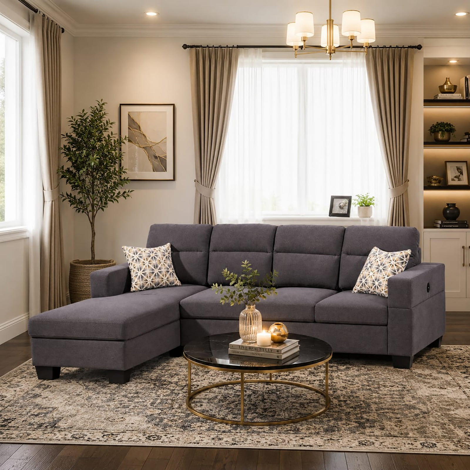 Cosmic Homes Capri Fabric Upholstered Sectional Sofa with Built-In USB Charging Ports & Storage Chaise – Grey Linen L-Shaped Couch for Living Room