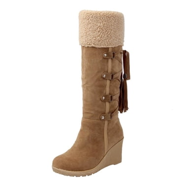 jovati Bottes Hautes pour Femmes après Ponçage avec Franges Manches Compensées Bottes de Neige