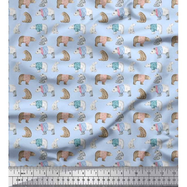 Soimoi Blue Poly Georgette Fabric Bear Animal Decor Fabric Printed Yard 52 Inch Wide