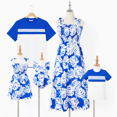 thumbnail image 1 of PatPat Family Matching Color Block Tee and Blue Leaf Pattern Shirred Top Strap Dress Sets, 1 of 4