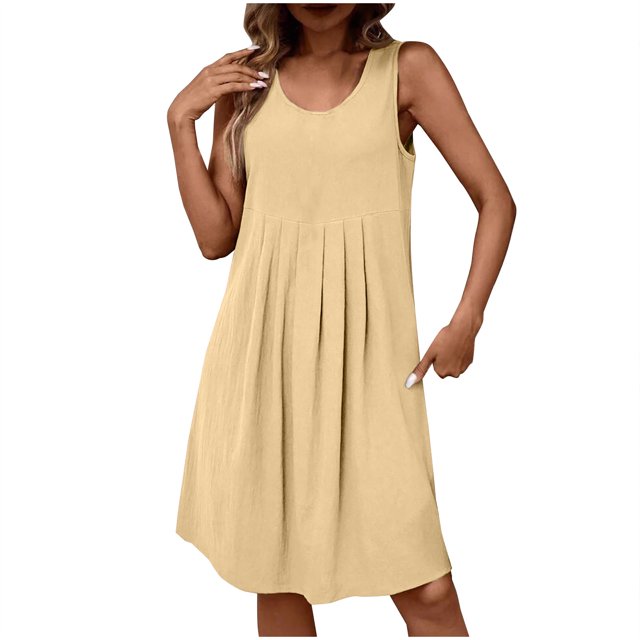 biudgviw Robe Femme en Coton et Lin Été Sans Manches Col Rond Plissée devant Midi Ample Robe Débardeur Robe Tunique Décontractée