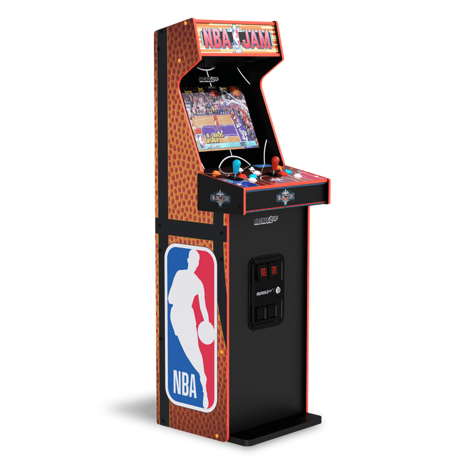 Arcade1Up NBA Jam Deluxe 2-Player Control Panel Arcade Machine with a tall cabinet featuring basketball-textured side panels and a large NBA logo, a 17-inch color screen showing NBA Jam gameplay, dual joystick and button controls, a light-up NBA Jam marquee, and a front coin door, ideal for retro arcade gaming and multiplayer competition in home game rooms.