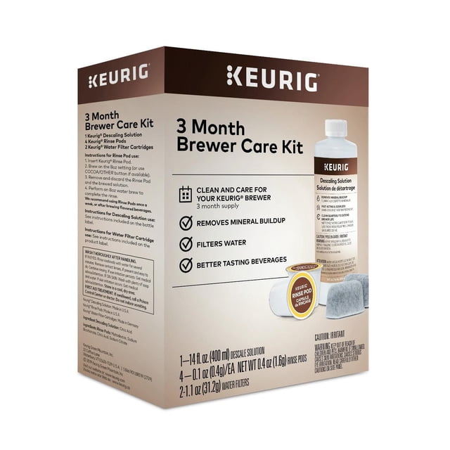 Keurig® Trousse d'Entretien 3 Mois avec solution de Détartrage, Quatre Capsules de Rinçage et Deux Cartouches de Filtre à Eau pour le Nettoyage de la Cafetière et l'Entretien de la Cafetière, Élimine l'Accumulation de Minéraux, Filtre l'Eau et Rehausse le Goût du Café.