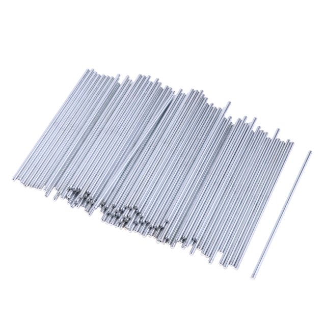 A collection of 100 stainless steel round shaft rod bars, each measuring 3mm in diameter and 100mm in length. These straight metal rods are suitable for DIY RC models, toys, cars, gear shafts, miniature axles, model planes, ships, and cars. Packaged together for versatile use in various projects.