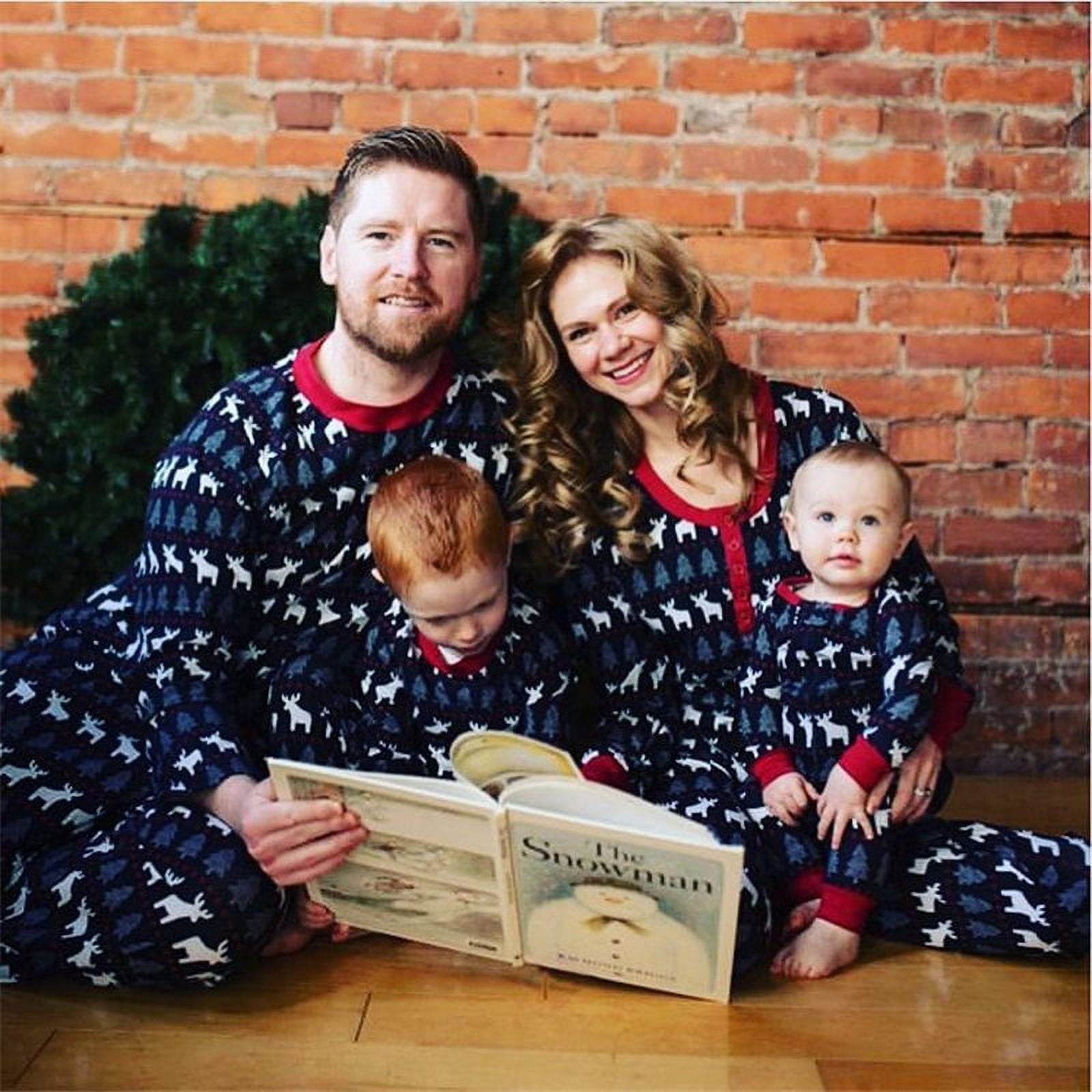 Christmas Family Pajamas Set Cartoon Elk Print Long Sleeve Crew Neck Tops + Elastic Long Pants