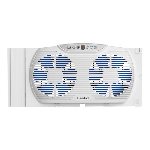 Lasko W09560 Bluetooth Enabled Twin 9-Inch Window Fan with Independent Electrically Reversible Intake & Exhaust Motors with Thermostat and Timer for Bedroom Indoor Home Use, 9 Inches, White