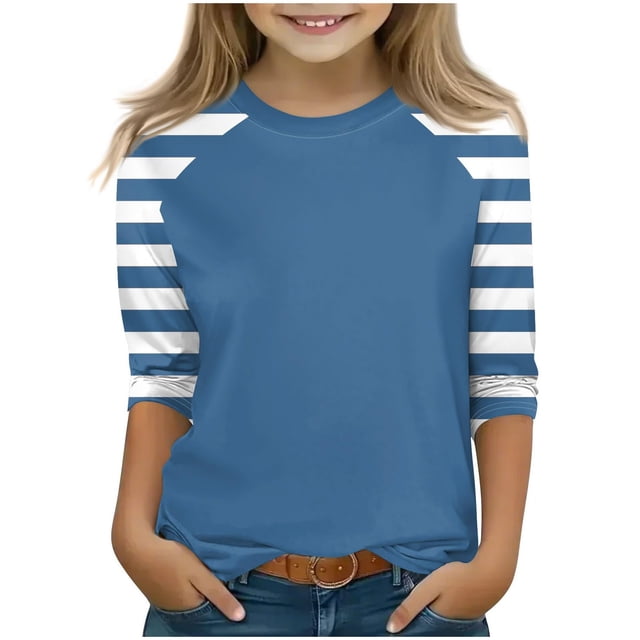 SERTG T-Shirt Mode Enfant Col Rond Manches 3/4 Imprimé Col Rond pour Été et Printemps 4-15 Ans (Bleu4,13 Ans)