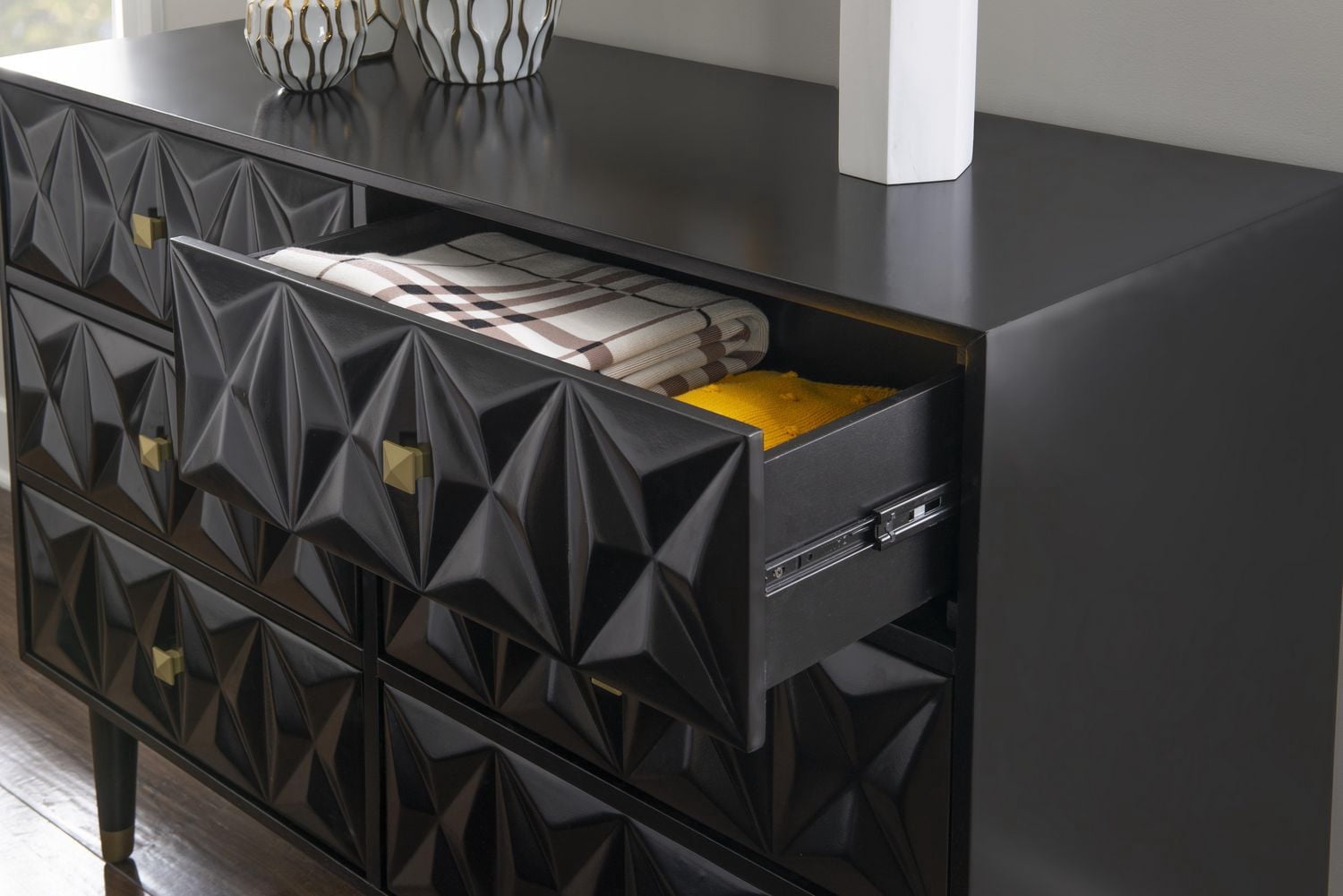 Geometric Six Drawer Dresser, Black