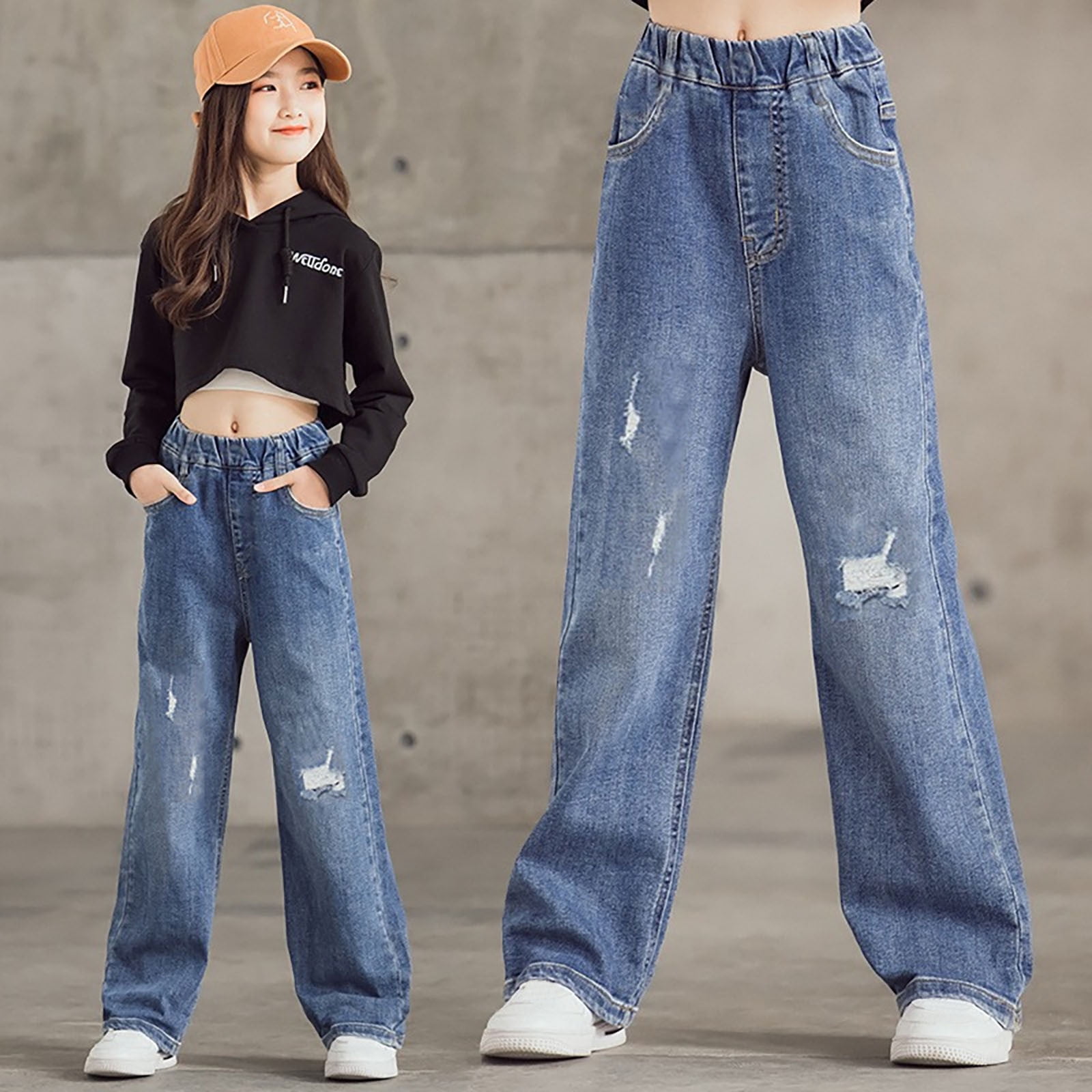 MAOWAPLG Full Length Pants Jeans Spring And Summer Childrens Girls Basic Casual Solid Hole Long Pocket Jeans
