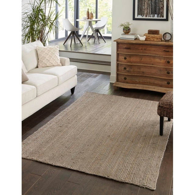 Aizza Trends 4 Ft Square Gray Jute Area Rug, Boho Chic Natural Jute Area Rug - Hand-Braided, Rustic Farmhouse Decor for Living Room Carpet,