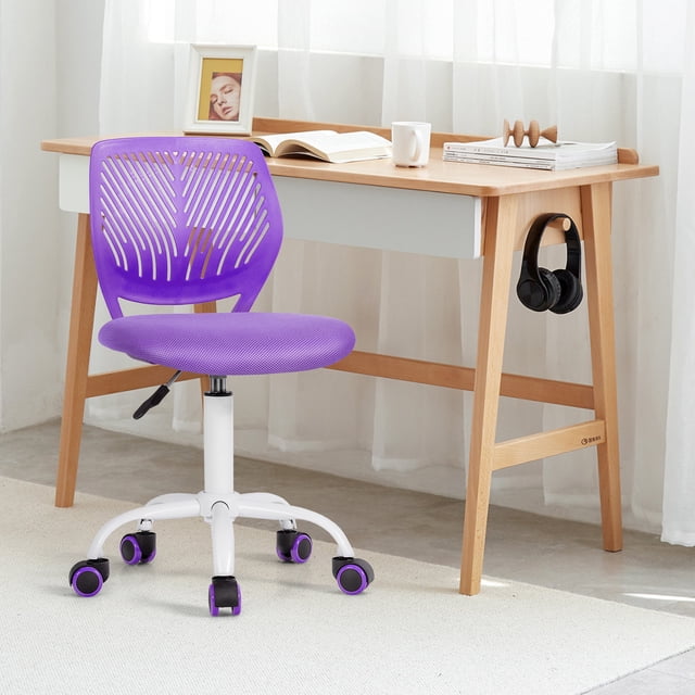 Giantex Swivel Office Desk Chair, an ergonomic task chair with hollow-out purple backrest and upholstered mesh seat, featuring a sturdy white base with 360-degree swivel casters. Height adjustable and compact, ideal for study or office spaces, shown next to a wooden desk.