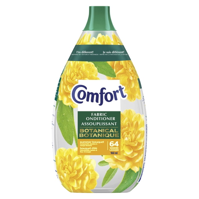 Comfort Fabric Conditioner Summer Bouquet 64W 960ml bottle with green cap and transparent body featuring yellow flowers and green leaves, designed for 64 washes, enriched with essential oils and suitable for all fabric types including sportswear and towels.