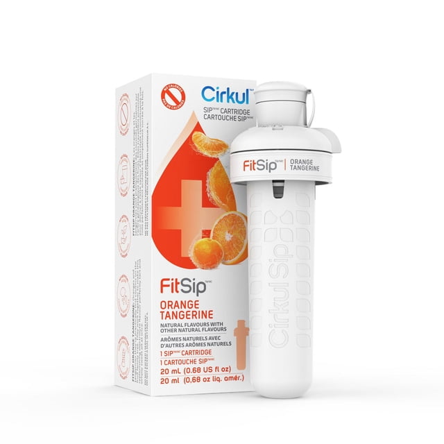 Cirkul FitSip Cartouche de Saveur Orange et Mandarine, Lot de 1, Comprenant une Cartouche Cylindrique Blanche avec Image de Marque CirkulSip Embossée et Capuchon Blanc, à Côté de Sa Boîte Blanche avec des images de Fruits Orange et Mandarine, Enrichie en Électrolytes, Zéro calories, volume de 20 ml, Convient pour Aromatiser Facilement l'Eau.