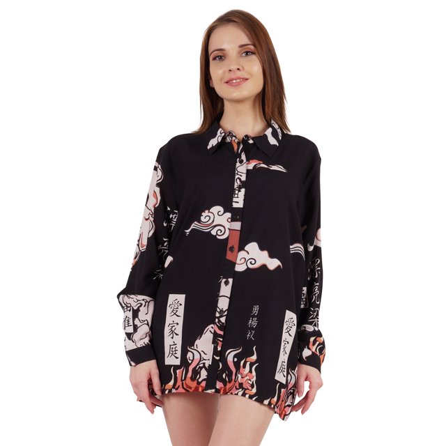 Inkmeso Printed Long Sleeve Oversized Shirt For WoMen's Loose Fit Button-Down Shirts Tunic