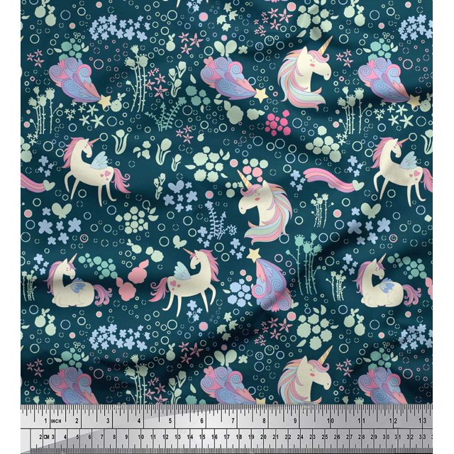 Soimoi Blue polyester Crepe Fabric Unicorn & Floral Print Sewing Fabric Yard 52 Inch Wide