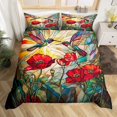 thumbnail image 2 of Hummingbird Duvet Cover Full Size,Rustic Garden Poppy Red Flowers Botanical Bedding Set 3 Pcs for Kids Teens,Artistic Stained Glass Style Patchwork Comforter Cover(No Filler), 2 of 6