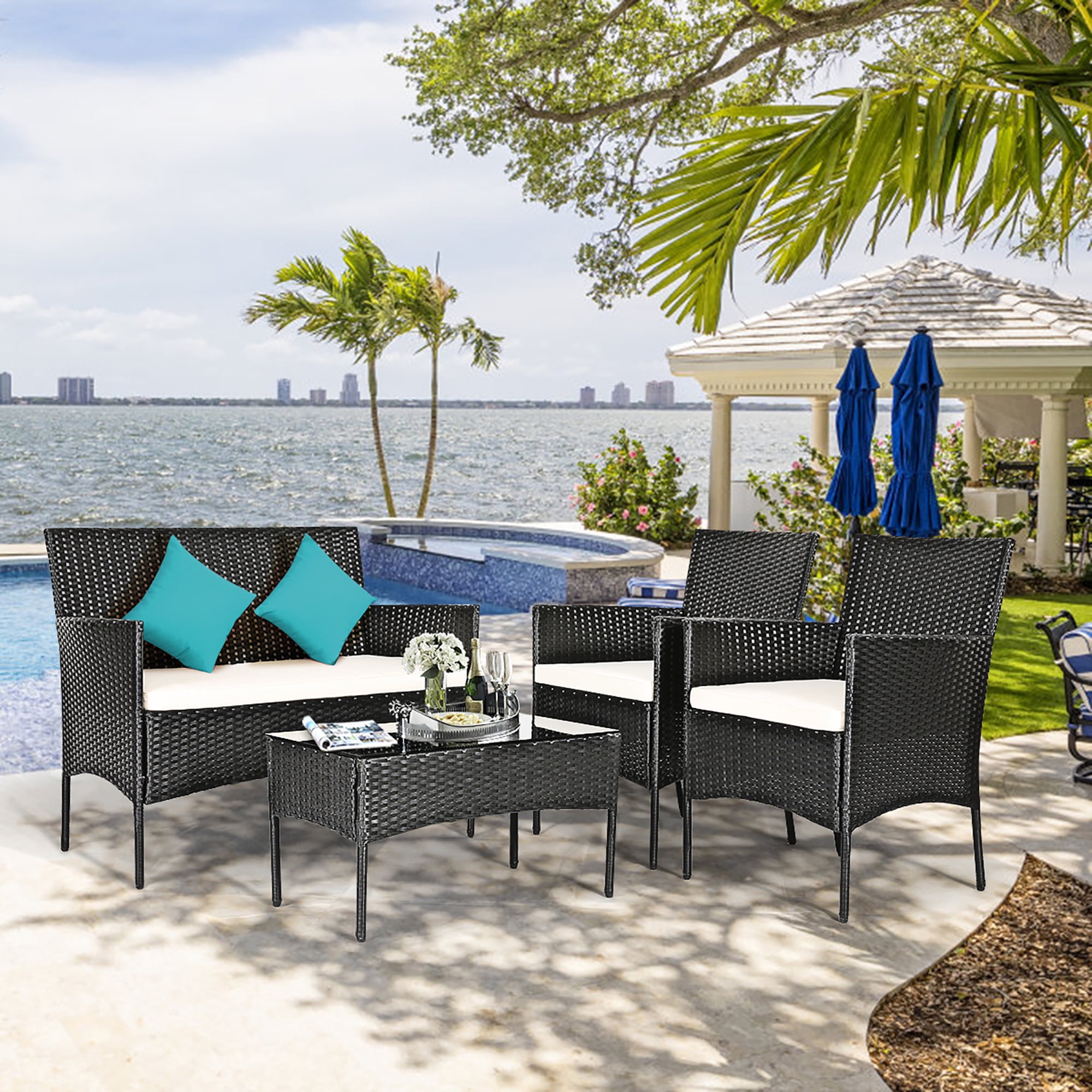 Costway 4PCS Patio Rattan Furniture Set Cushioned Sofa Coffee Table Backyard Porch