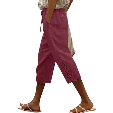 Nfurl Linen Capris Women Elegant Lace Trim Capri Pants with Pockets Drawstring Elastic Waist Summer Casual Cropped Pants Lightweight Capris Wine,S