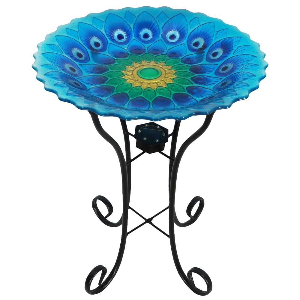 Angelo Décor Bain d'oiseau en verre de paon de 59 cm avec support en métal et lumière solaire