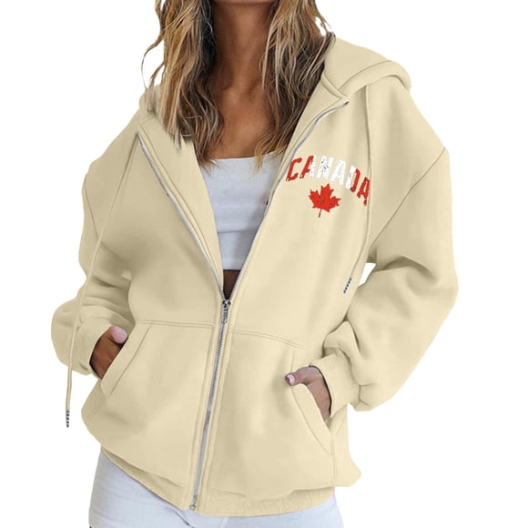 Women's Canada Print Hooded Sweatshirt, Fashion Casual Oversized Pullover with Drawstring Hood and Front Zipper, Lightweight Breathable Streetwear Jacket for Fall Winter Seasons Beige M
