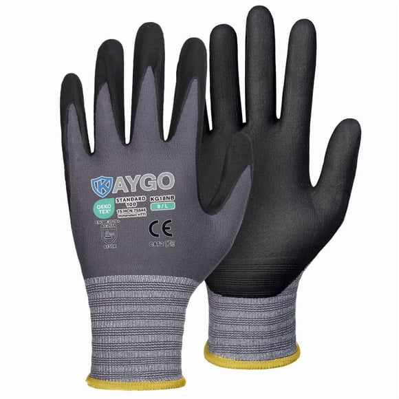 KAYGO Safety Work Gloves MicroFoam Nitrile Coated, 3 Pairs KG18NB, 13‑gauge Seamless Knit Nylon Glove for Men and Women, Ideal for Automotive, Warehouse, Construction, Gray, S