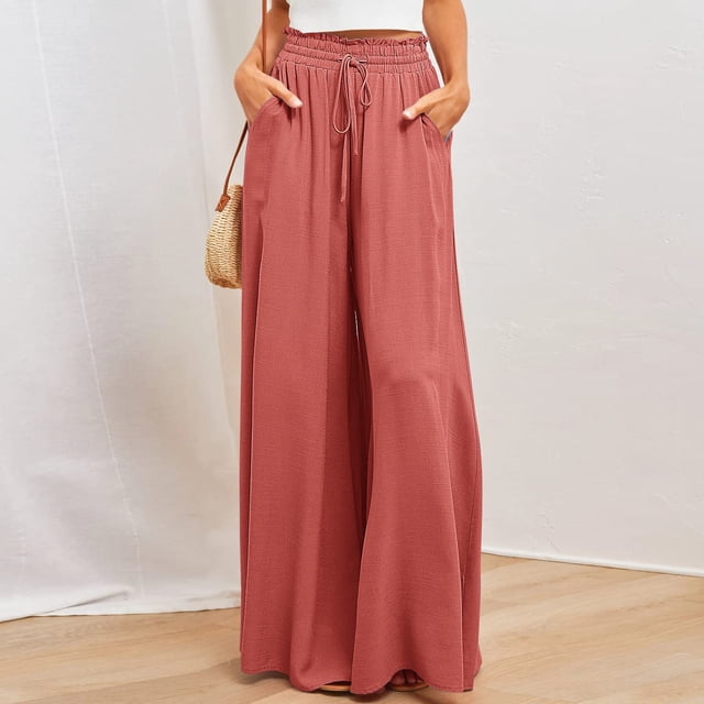 Jsaierl Womens Casual Wide Leg Pants Ruffle Elastic Drawstring Palazzo Pants Loose Comfy Trousers with Pockets