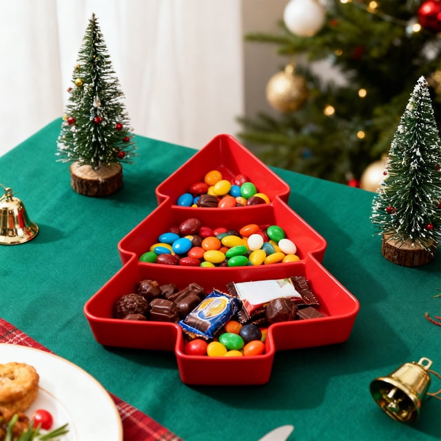 DIANWUDG 2PCS Christmas Tree Shaped Fruit Snack Tray With 3 Compartments Suitable For Daily Holiday Decoration