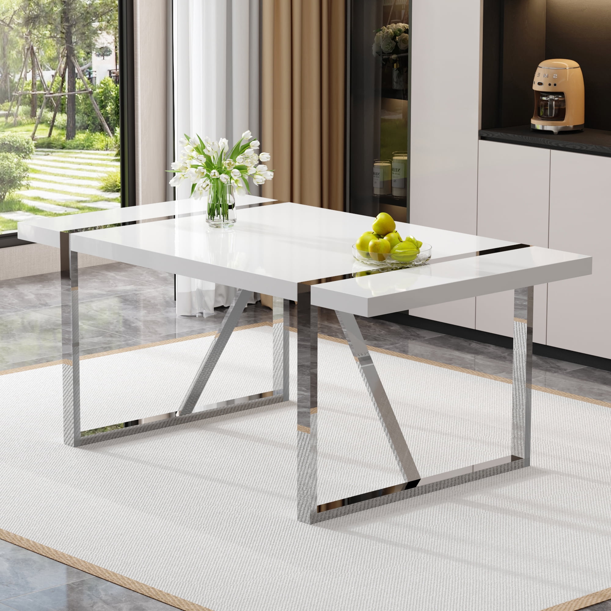 Noble House Industrial Rectangular Dining Table,2.3" Thick Wood Grain White MDF Top with Silver Metal Legs,White/Silver