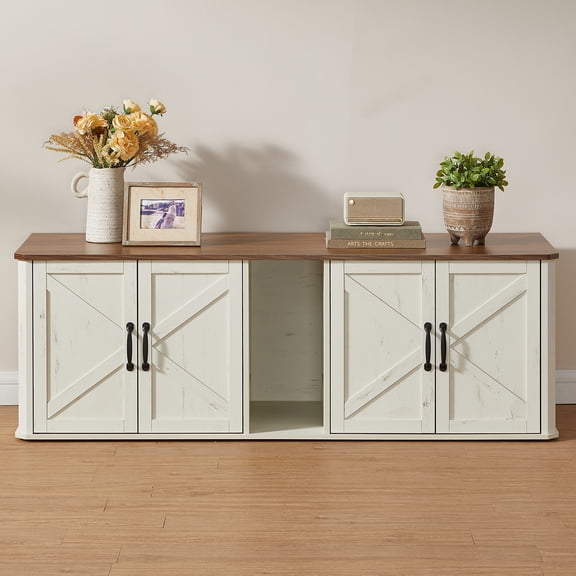 Feandrea Double Cat Litter Box Enclosure, Modern Litter Box Furniture Hidden for 2 Cats, TV Stand, Rustic White