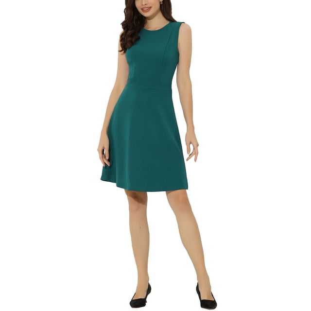 INSPIRE CHIC Women's Wear to Work Solid Color Sleeveless A-Line Flared Midi Dresses L Peacock Green