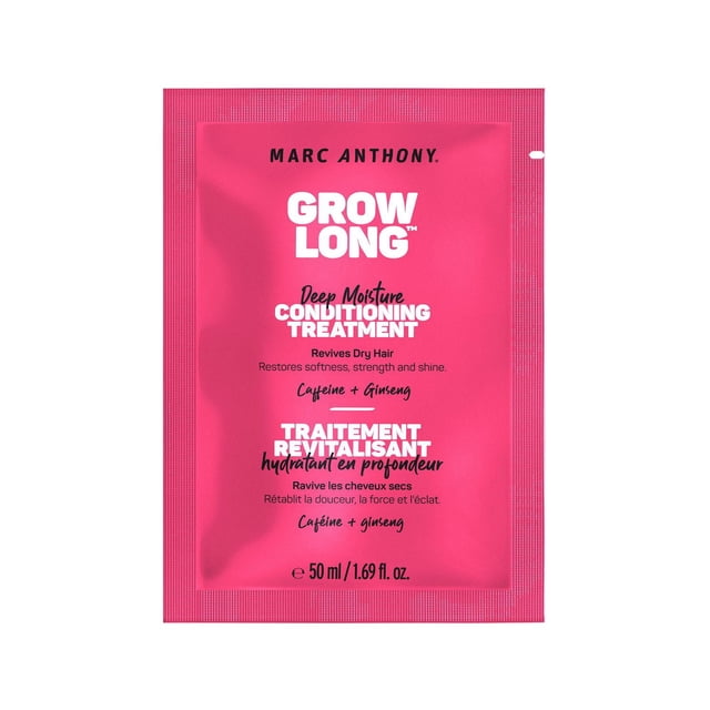 Marc Anthony Grow Long Intense Hydration Conditioning Treatment 50 ml bright pink sachet with bilingual text, featuring a deep moisture formula with caffeine and ginseng to hydrate, strengthen, reduce frizz, and restore softness and shine to dry hair.