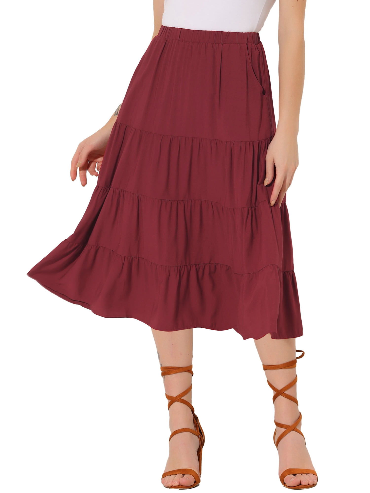 Unique Bargains Jupe Midi Longue Évasée à Étages avec Poches pour Femme 1 L