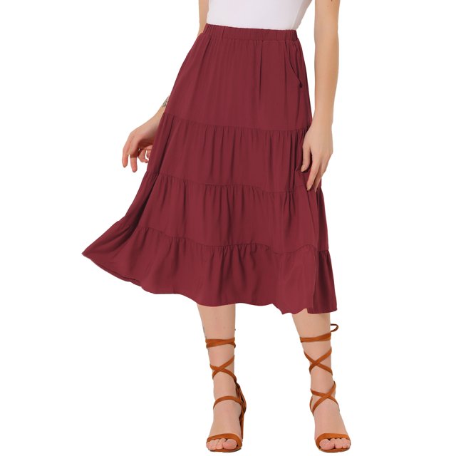 Unique Bargains Jupe Midi Longue Évasée à Volants pour Femme avec Poches, 1 TG