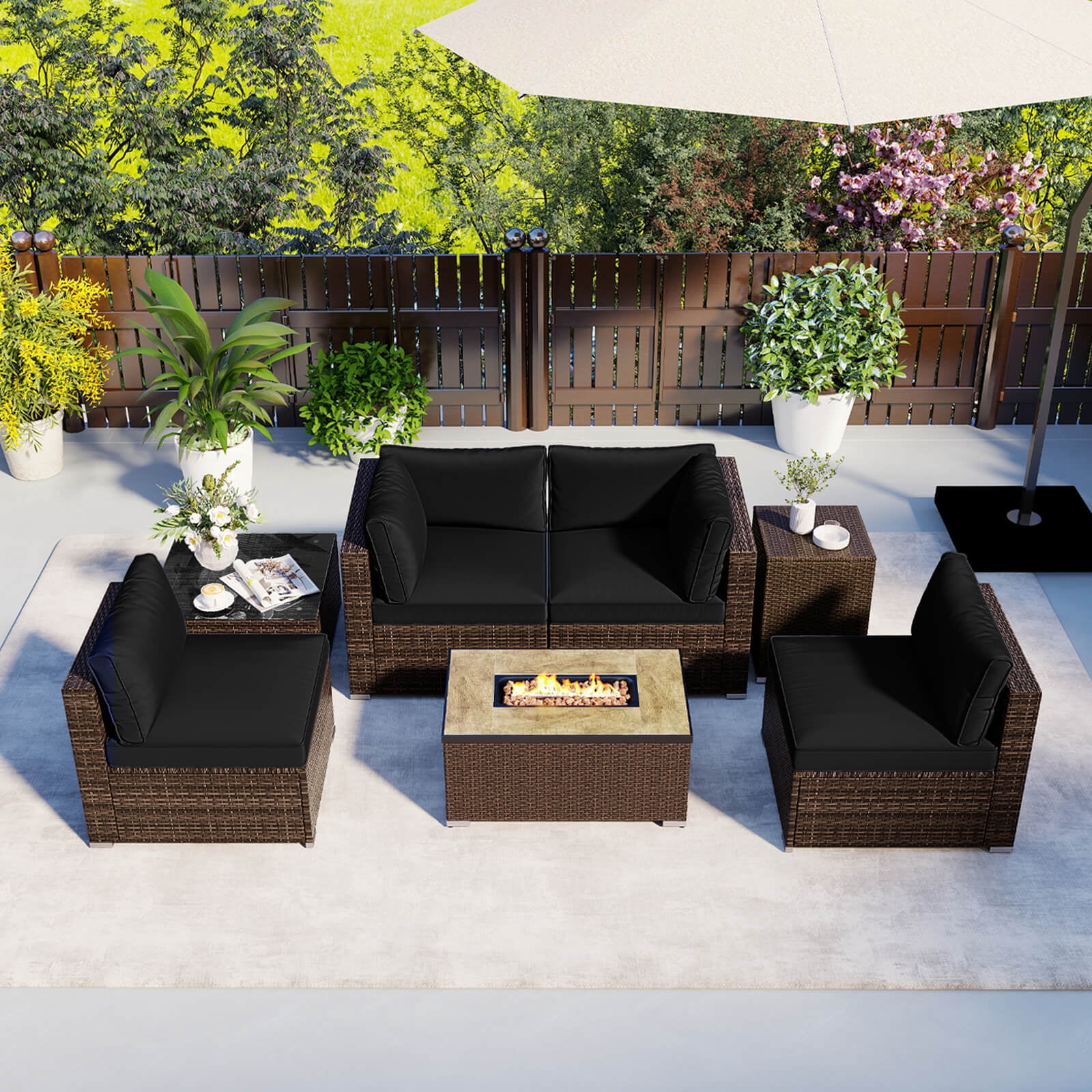 Costway 7 Pieces Outdoor Furniture Set with 32" Fire Pit Table and Propane Tank Cover Black