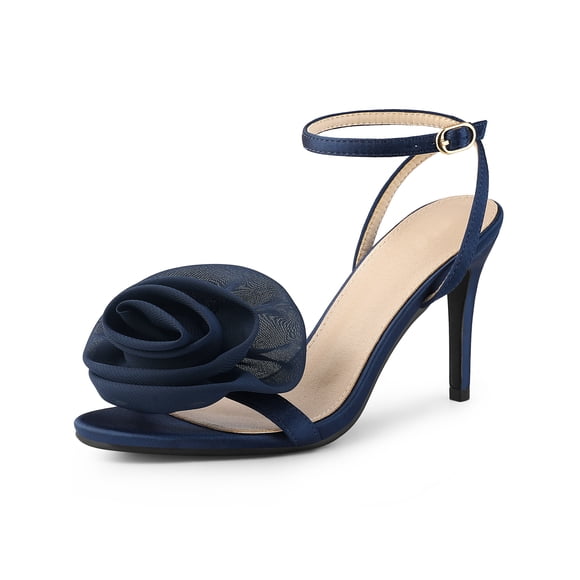 BLISSFUL STEP Women's Heels Flower Open Toe Slingback Stiletto Heels Ankle Strap Sandals Navy Blue 8