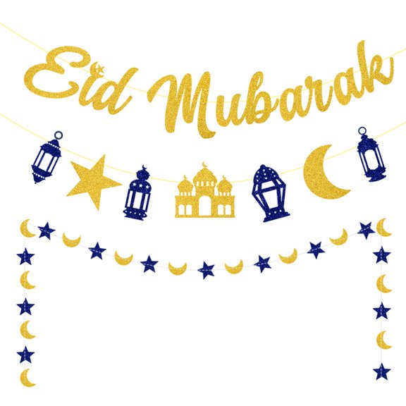 CIMAXIC Fête 3 Pcs Bannière Pailletée Suspendue Eid Mubarak Fond de Drapeau, 6.38"X6.1"X0.04 Pouces