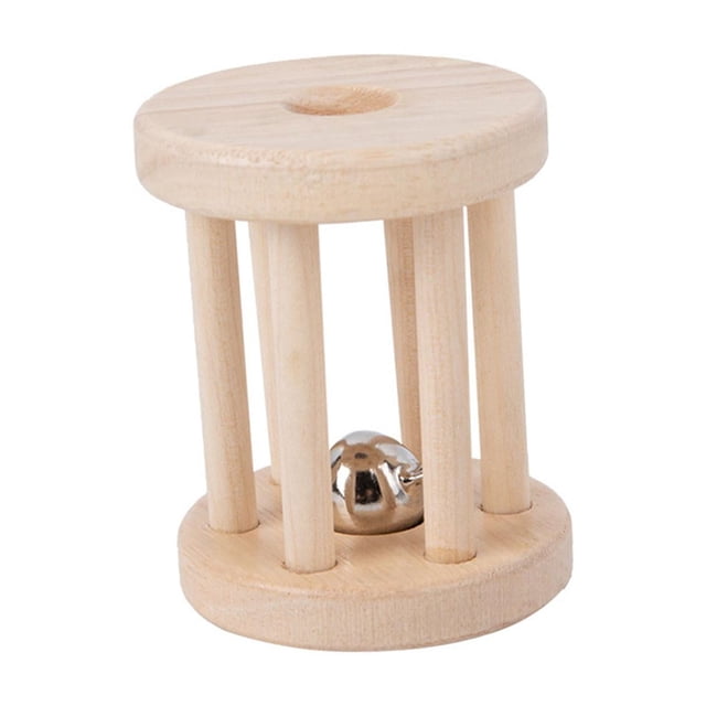 Lipstore Baby Roller Rattle Wood Toys Rattles with Bells, a Montessori-inspired wooden sensory toy for infants. The cylindrical design features smooth surfaces, vertical wooden pillars, and a metal bell in the center that produces a crisp sound when shaken or rolled. Promotes sensory development, hand-eye coordination, and fine motor skills. Compact and lightweight, suitable for home education and early learning. Makes a thoughtful baby gift.