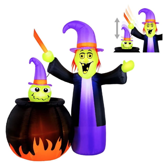 Occasions Halloween 5 Foot Inflatable Animated Witch With Cauldron featuring a yellow-faced witch with red hair in a purple hat and black robe holding an orange wand beside a black cauldron with orange flames and a green face wearing a matching purple hat. This weather-resistant inflatable self-inflates with included blower, lights up, and is suitable for indoor or outdoor Halloween décor.