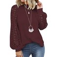 thumbnail image 1 of Hauts à Manches Longues pour Femmes Blouses Décontractées en Dentelle T-Shirts (Rouge Vin, s), 1 of 4