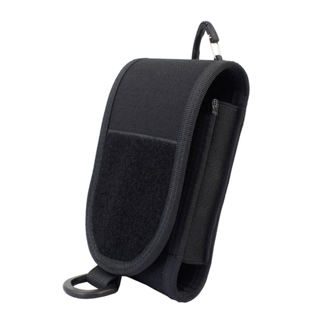 Phone Case, Waist Bag, Outdoor Cell Phone Case in black, made of water-resistant 1000D nylon with a padded interior. Features a large dimension of 6.3 x 3.74 x 0.79 inches, elastic side design for adaptability, and a triangle buckle for easy attachment to belts, vests, or backpacks. Suitable for outdoor activities.