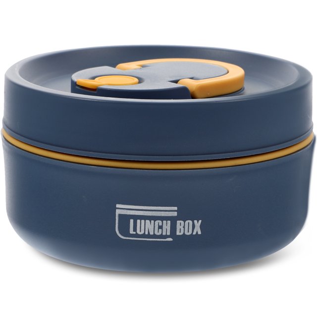 Thermal Lunch Box Portable Lunch Box Meal Box for Office Household Food Container in a compact, round design. The lunch box is blue with yellow accents and features a sealing cover for leakproof storage. Made of durable PP, 304 stainless steel, foam, and silicone materials, it ensures food stays fresh and hygienic. Suitable for carrying snacks, fruits, desserts, or meals, whether at home or on the go.