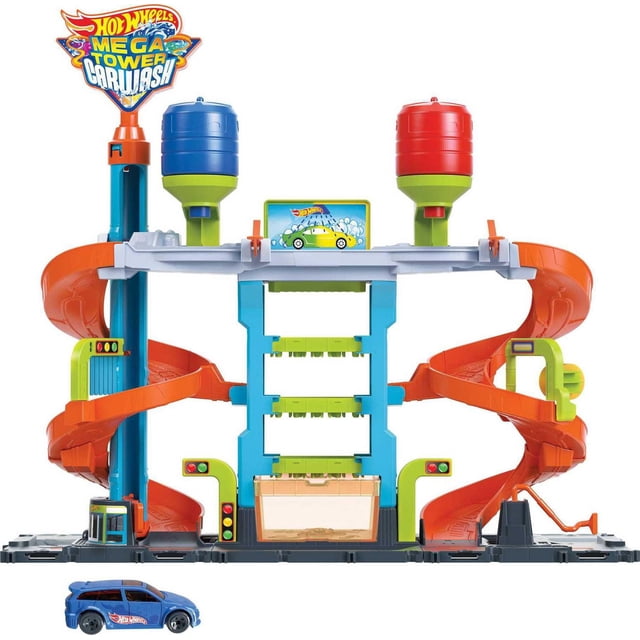 Hot Wheels City Mega Car Wash Playset with 1 Toy Color Shifters Car in 1:64 Scale, 7.01 in