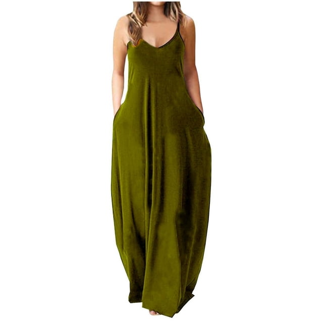 Robes d'Été pour Femmes Décontractées Grande Taille Uni Col Bretelles Gilet Ligne A Longue Robe Maxi avec Poche