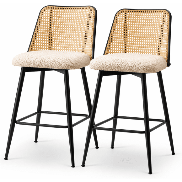 KOSSMAI Swivel Bar Stools Set of 2, 26" Counter Height, Bouclé Upholstered Seat, Rattan (Not Natural Rattan) Back, Modern Kitchen Island Chairs White