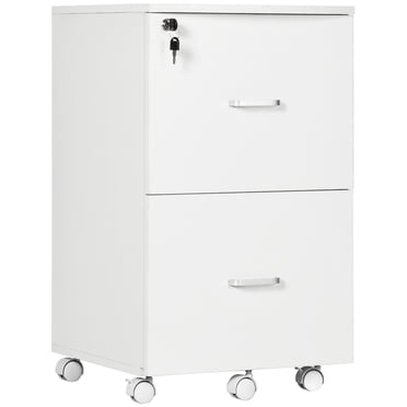 Vinsetto Classeur Mobile à 2 Tiroirs avec Serrure, Armoire de Bureau en Bois avec Roulettes Verrouillables pour Formats Lettre et A4, Blanc