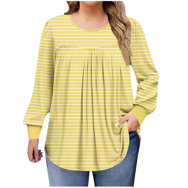 Lmnyox Hauts Grande Taille pour Femmes, Manches Longues Surdimensionnées, Col Rond, Chemises Plissées, Blouses Décontractées Mode