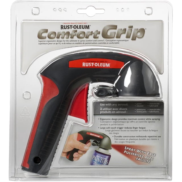 Rust-Oleum Professional Comfort Grip Spray Paint Attachment with Safety Lock, black and red ergonomic spray handle with large soft touch trigger for reduced finger fatigue, compatible with paint, cleaner, insecticide, and lubricant aerosols, shown in clear retail packaging.